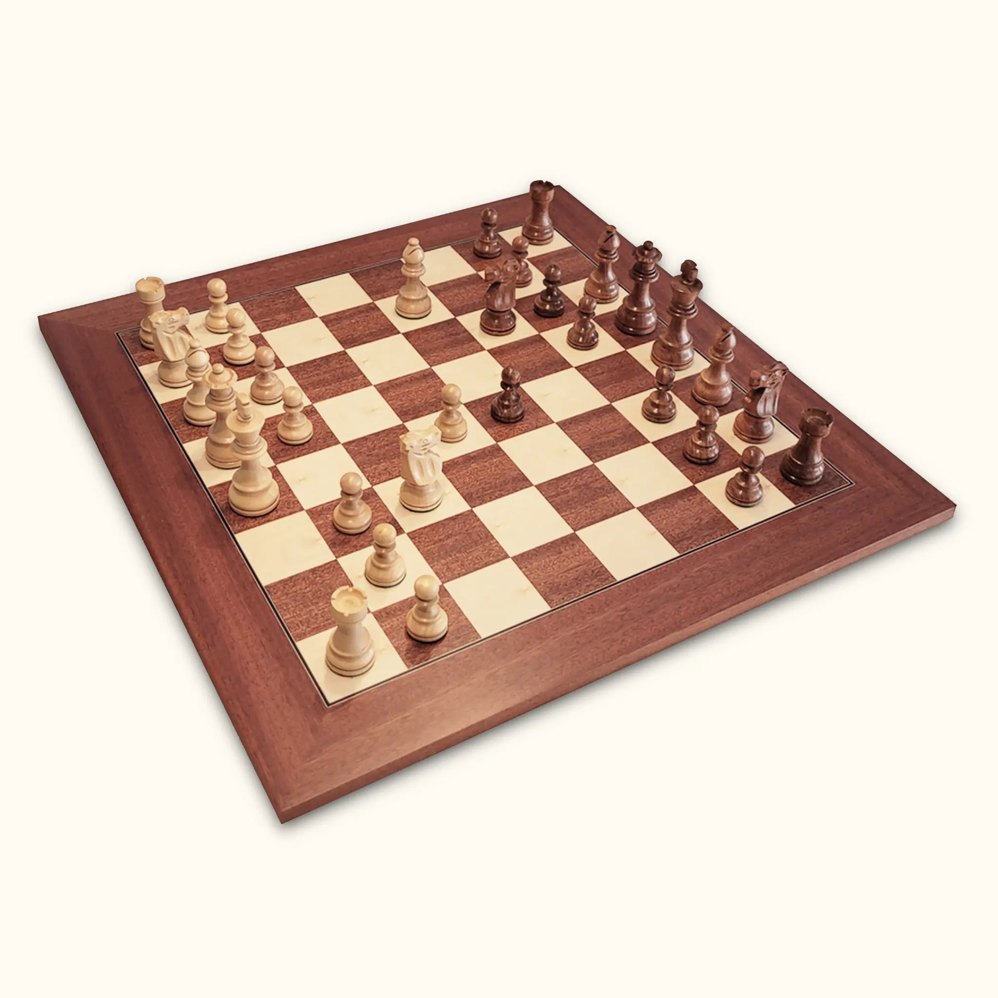 Chess pieces French Staunton acacia on mahogany deluxe chessboard diagonal