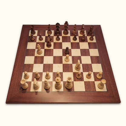 Chess pieces French Staunton acacia on mahogany deluxe chessboard top