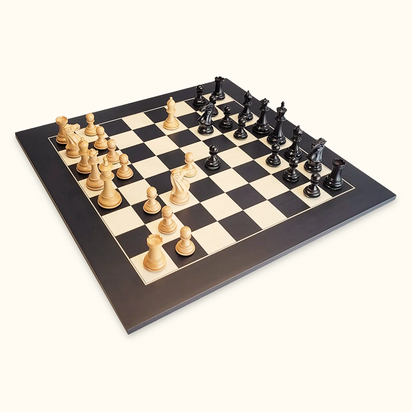 Chess pieces stallion knight ebonized on black deluxe chessboard diagonal