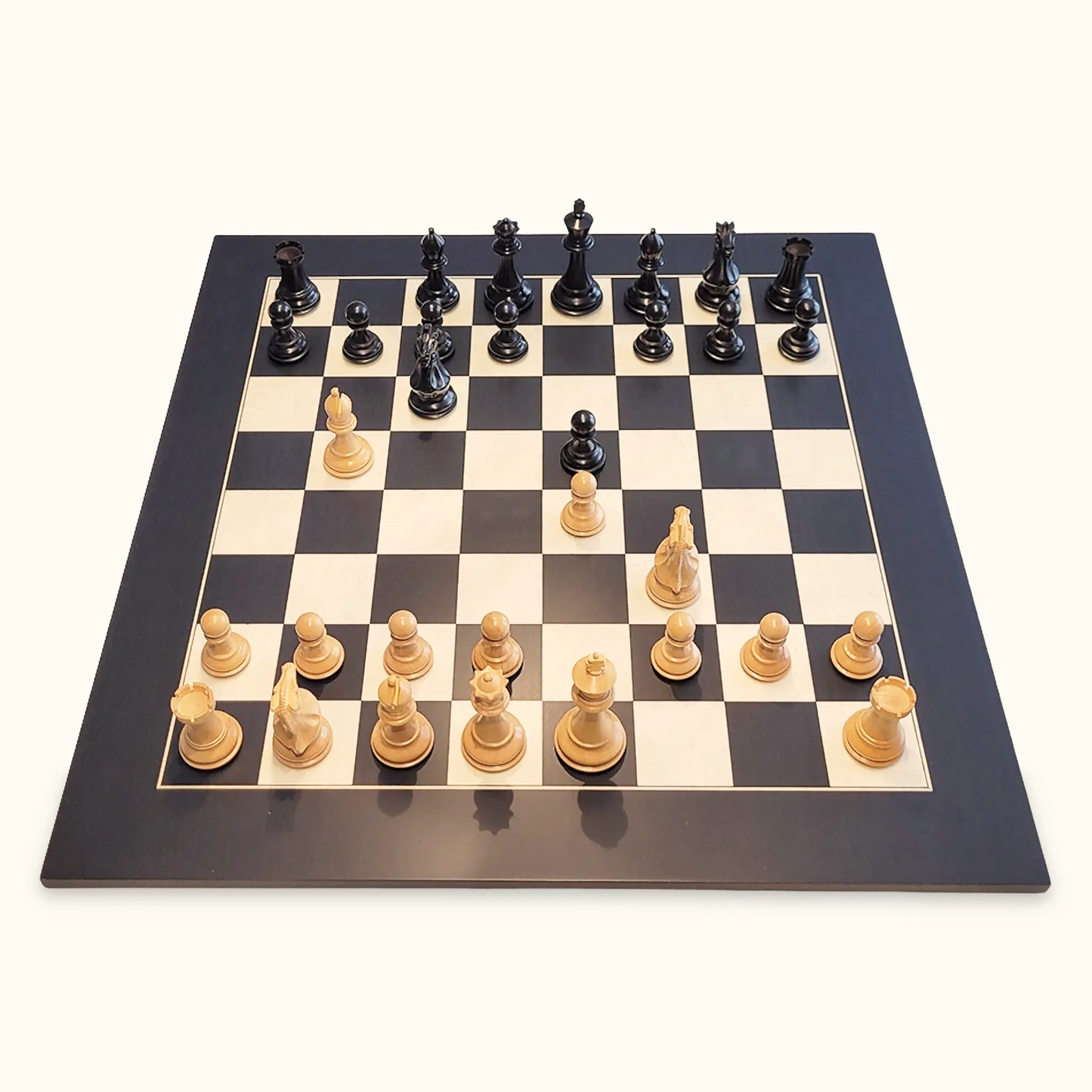 Chess pieces stallion knight ebonized on black deluxe chessboard top