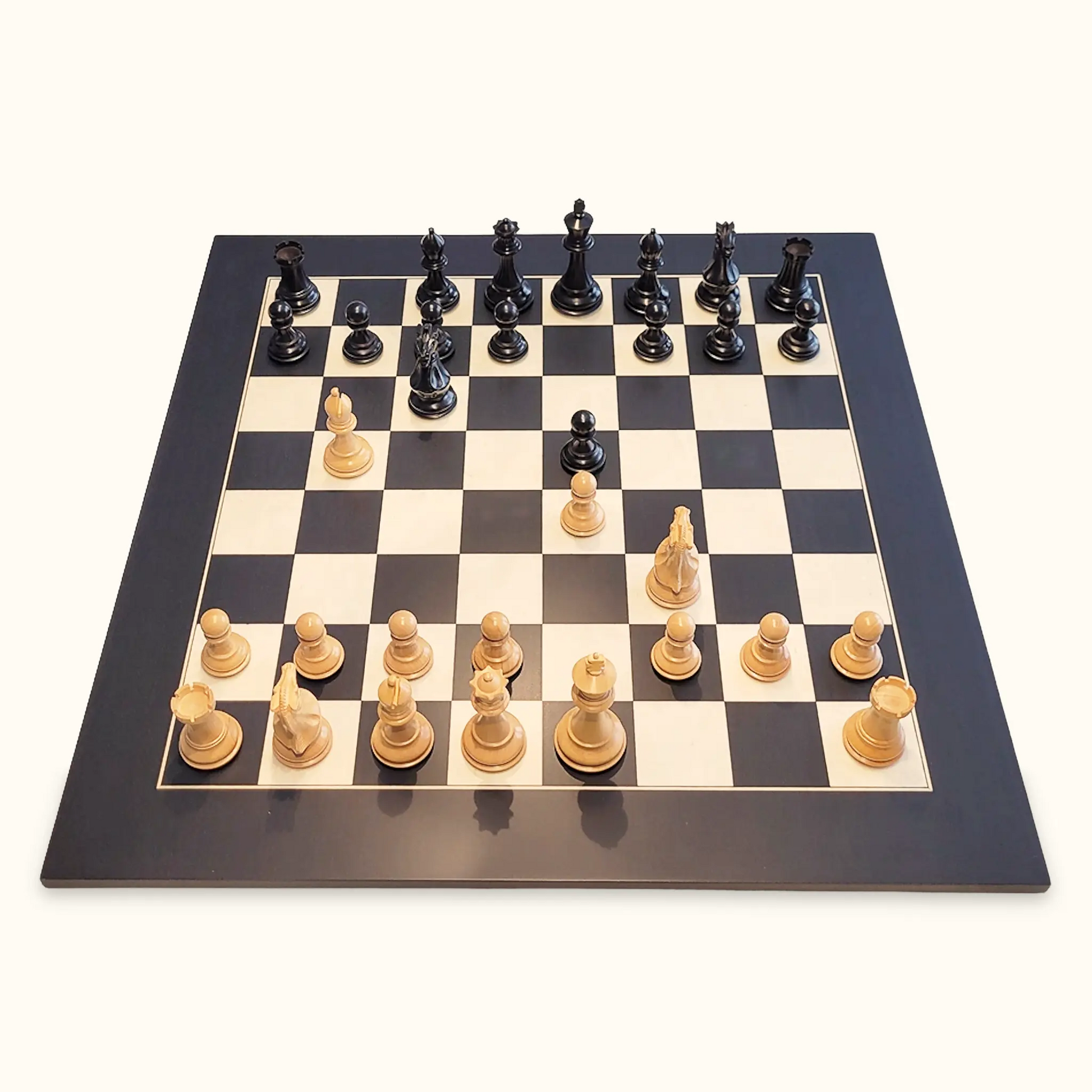 Chess pieces stallion knight ebonized on black deluxe chessboard top