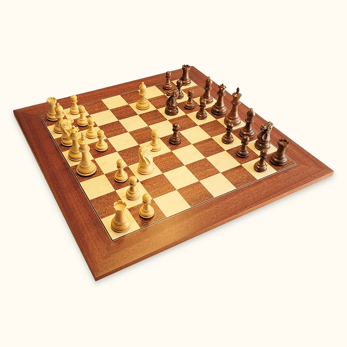 Chess pieces stallion knight acacia on mahogany chessboard diagonal