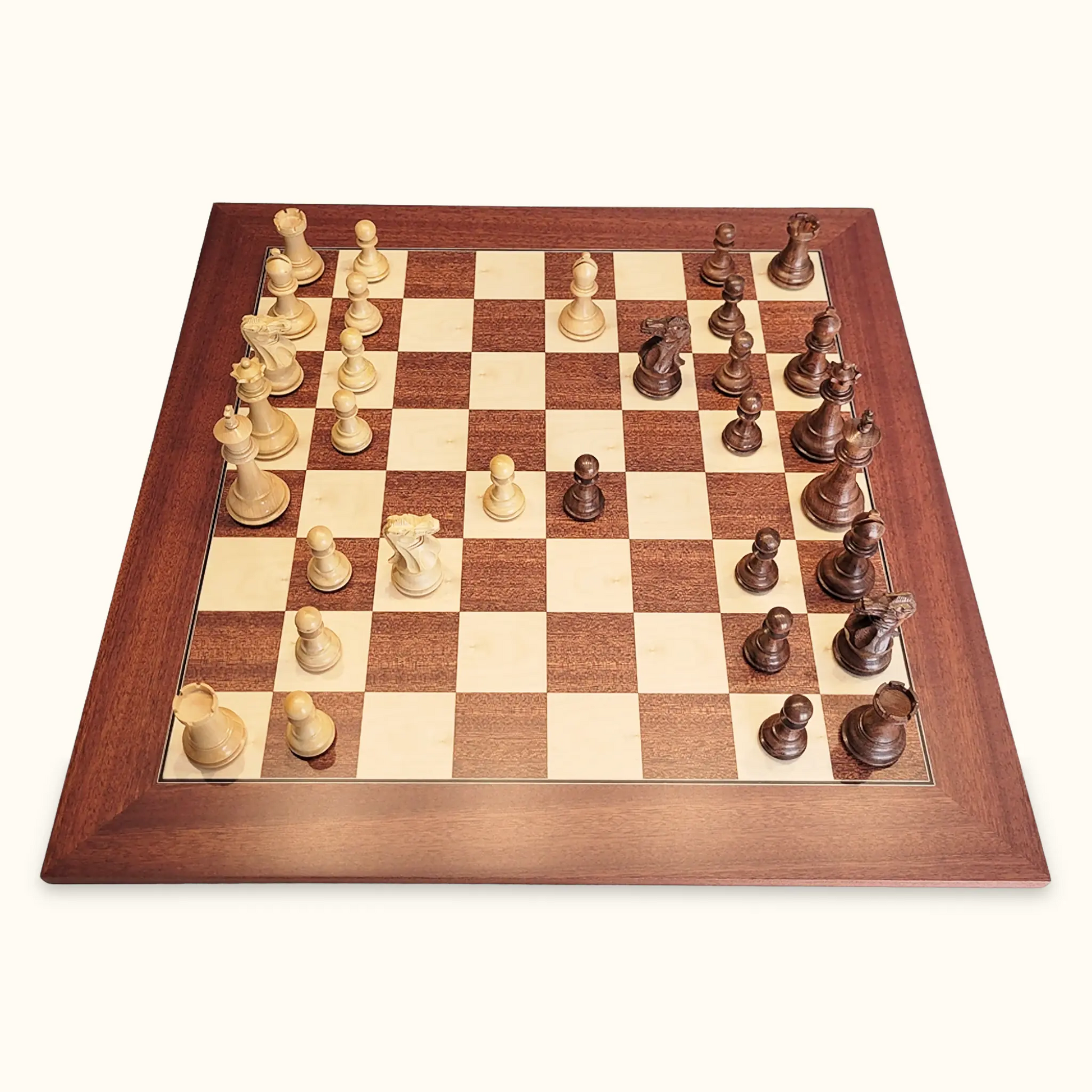 Chess pieces stallion knight acacia on mahogany chessboard side