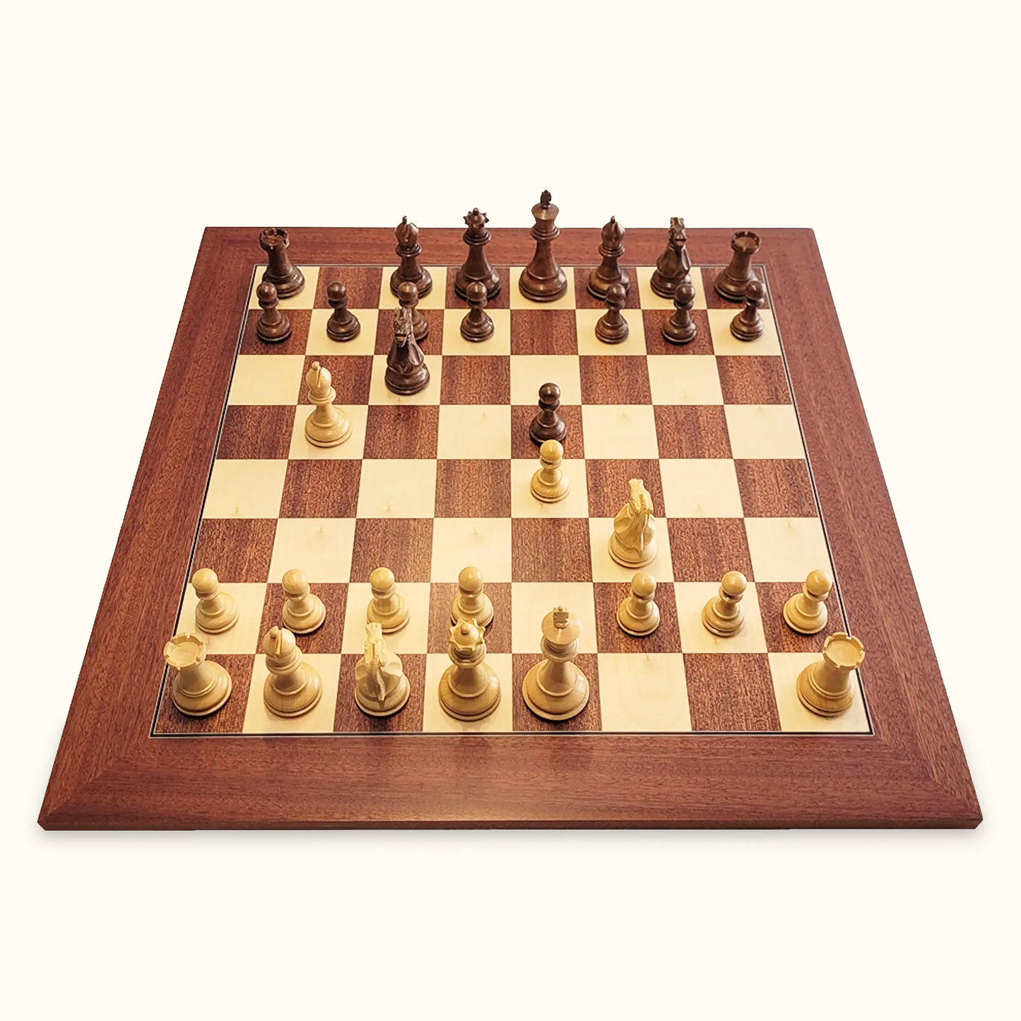 Chess pieces stallion knight acacia on mahogany chessboard top