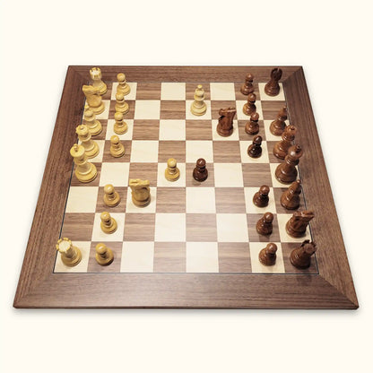 Chess pieces american staunton acacia on walnut chessboard side