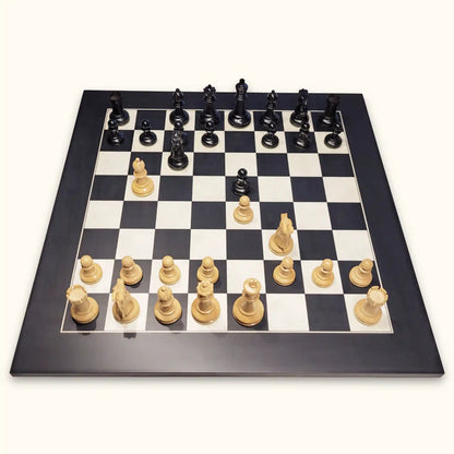 Chess pieces fischer black on black chessboard top
