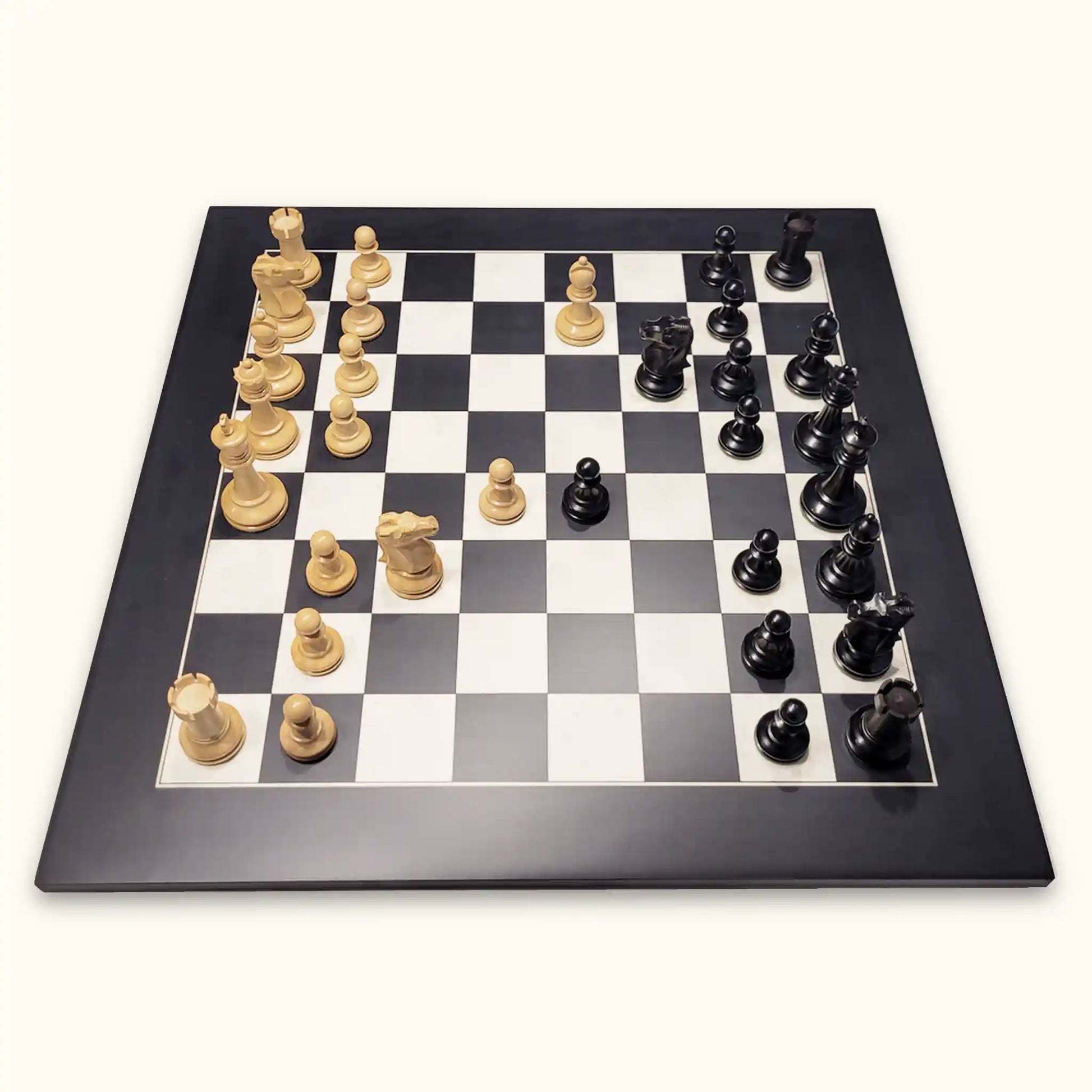 Chess pieces fischer black on black chessboard side