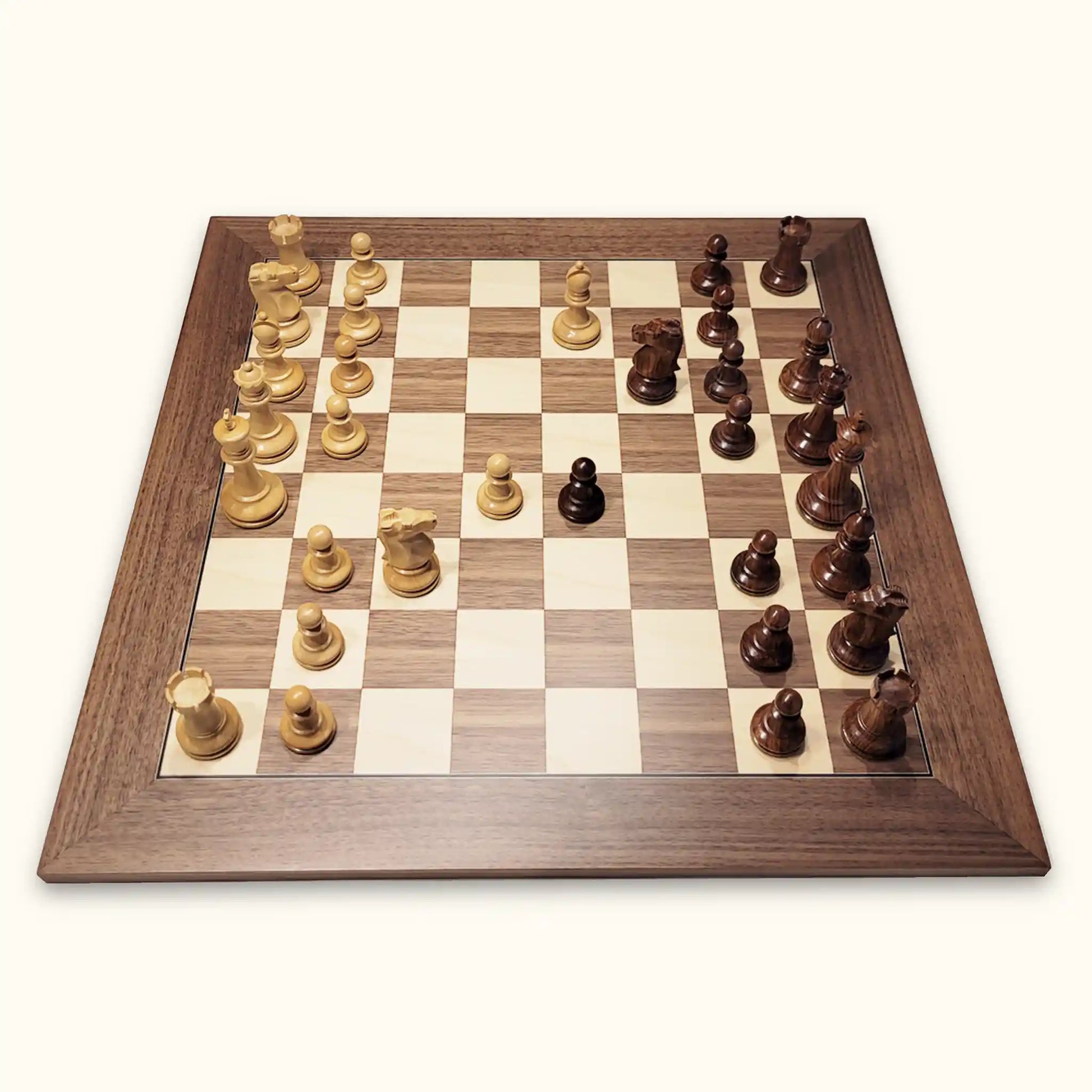 Chess pieces fischer palisander on walnut chessboard side