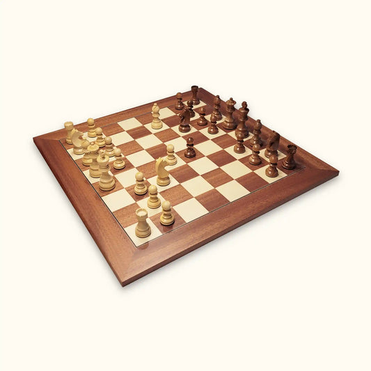 Chess set berlin at dawn with chess pieces german knight and chessboard mahogany deluxe diagonal view