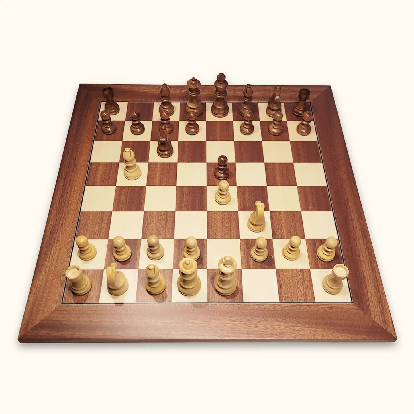 Chess set berlin at dawn with chess pieces german knight and chessboard mahogany deluxe top view