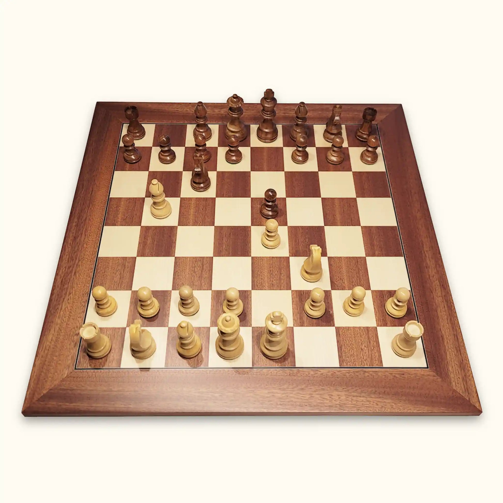 Chess set berlin at dawn with chess pieces german knight and chessboard mahogany deluxe top view