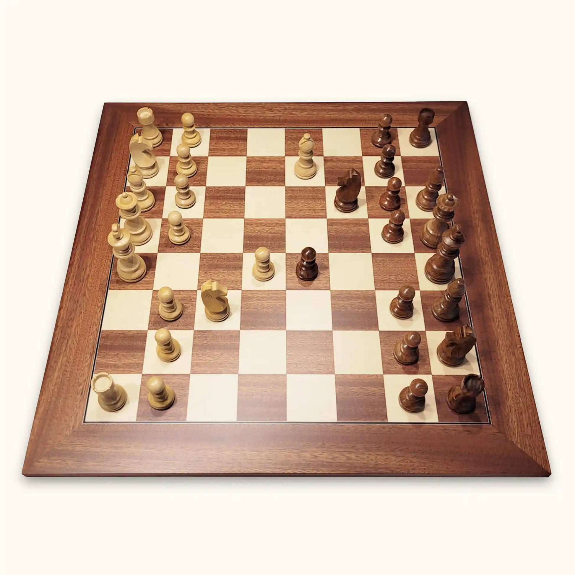 Chess set berlin at dawn with chess pieces german knight and chessboard mahogany deluxe side view