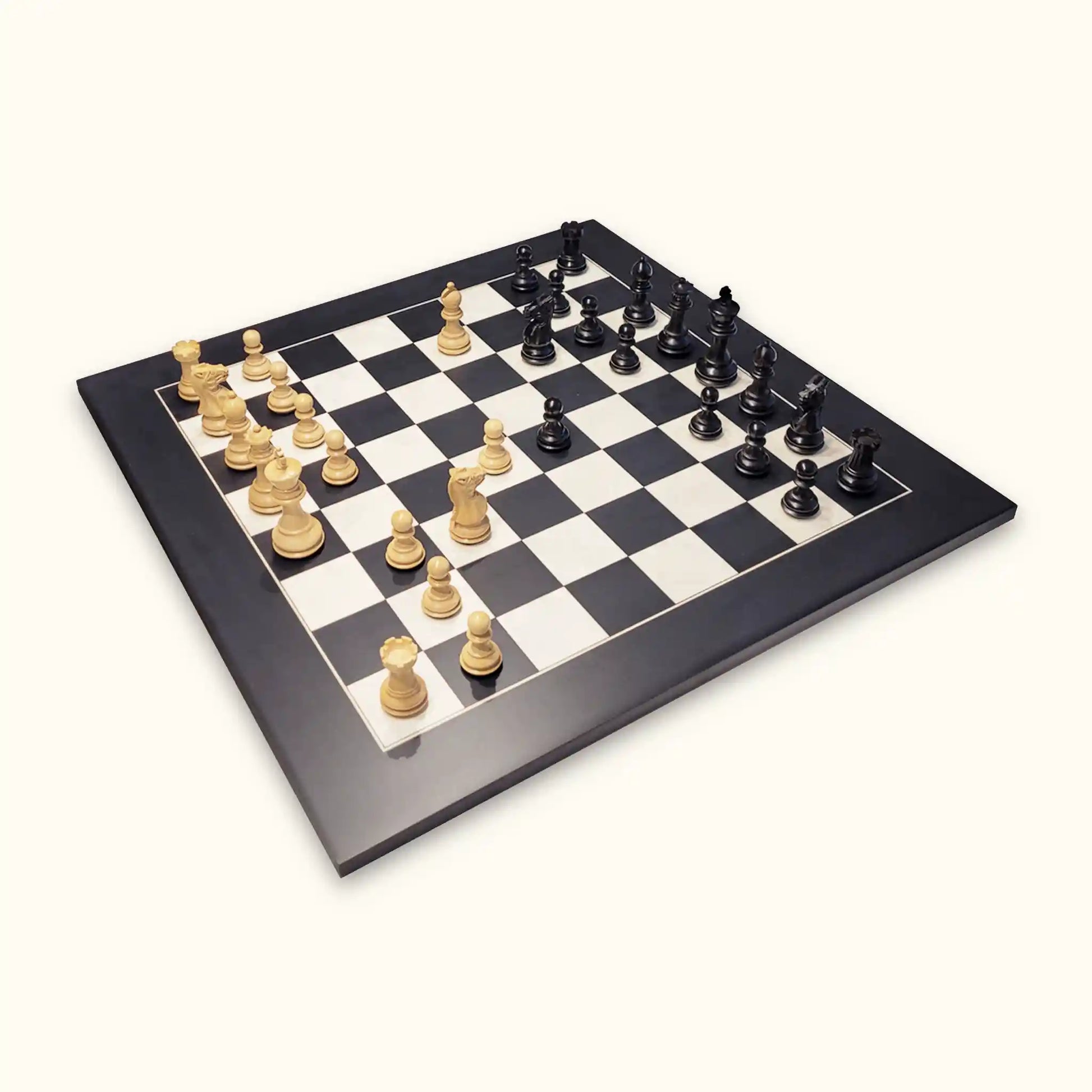 Chess pieces grace black on black chessboard diagonal