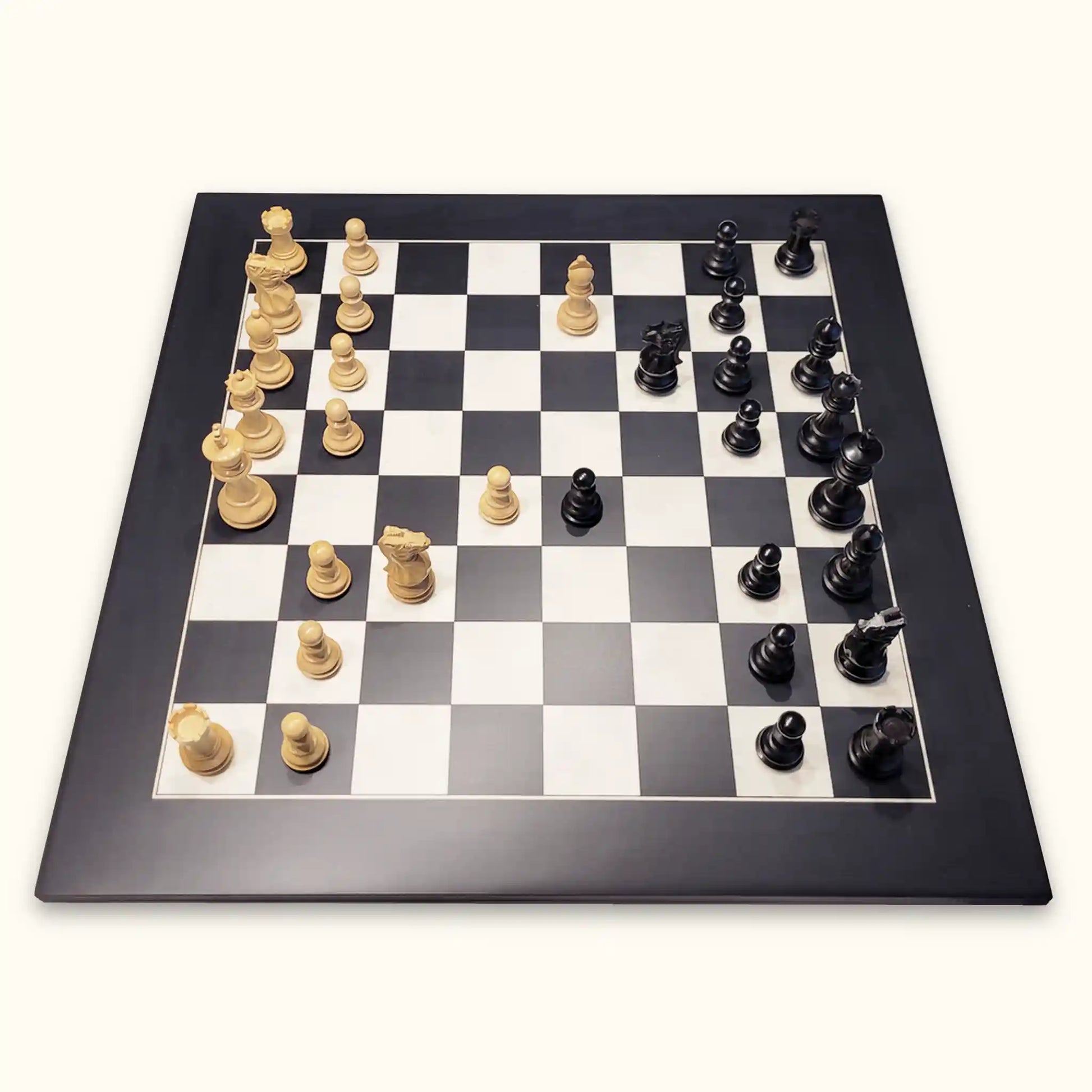Chess set manchester at dusk with chess pieces grace and chessboard black deluxe side view