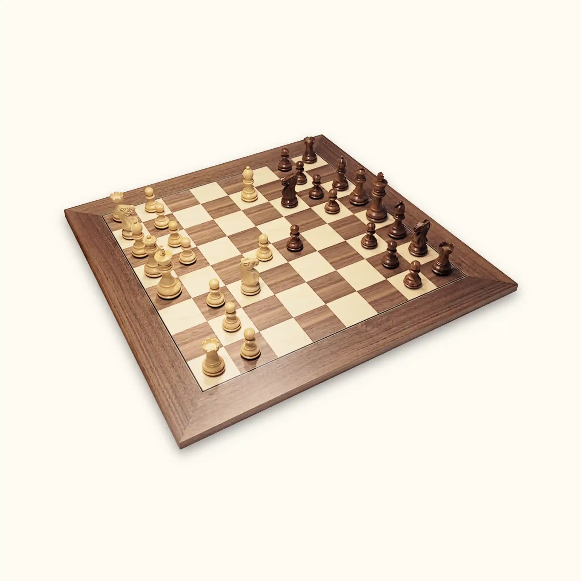 Chess pieces grade acacia on walnut chessboard diagonal