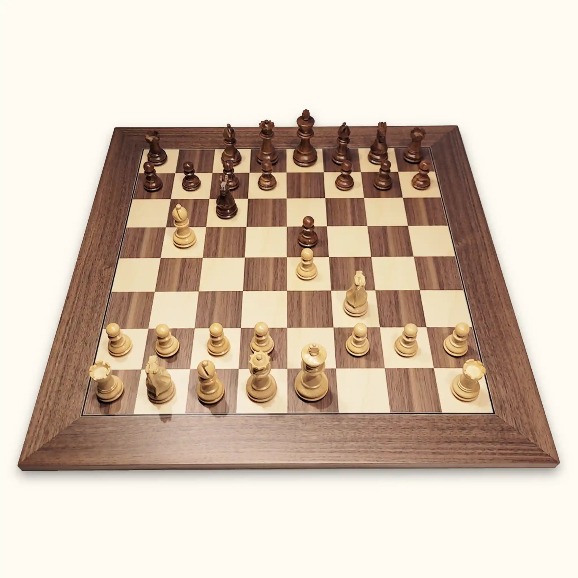 Chess set manchester at dawn with chess pieces grace and chessboard walnut deluxe top view