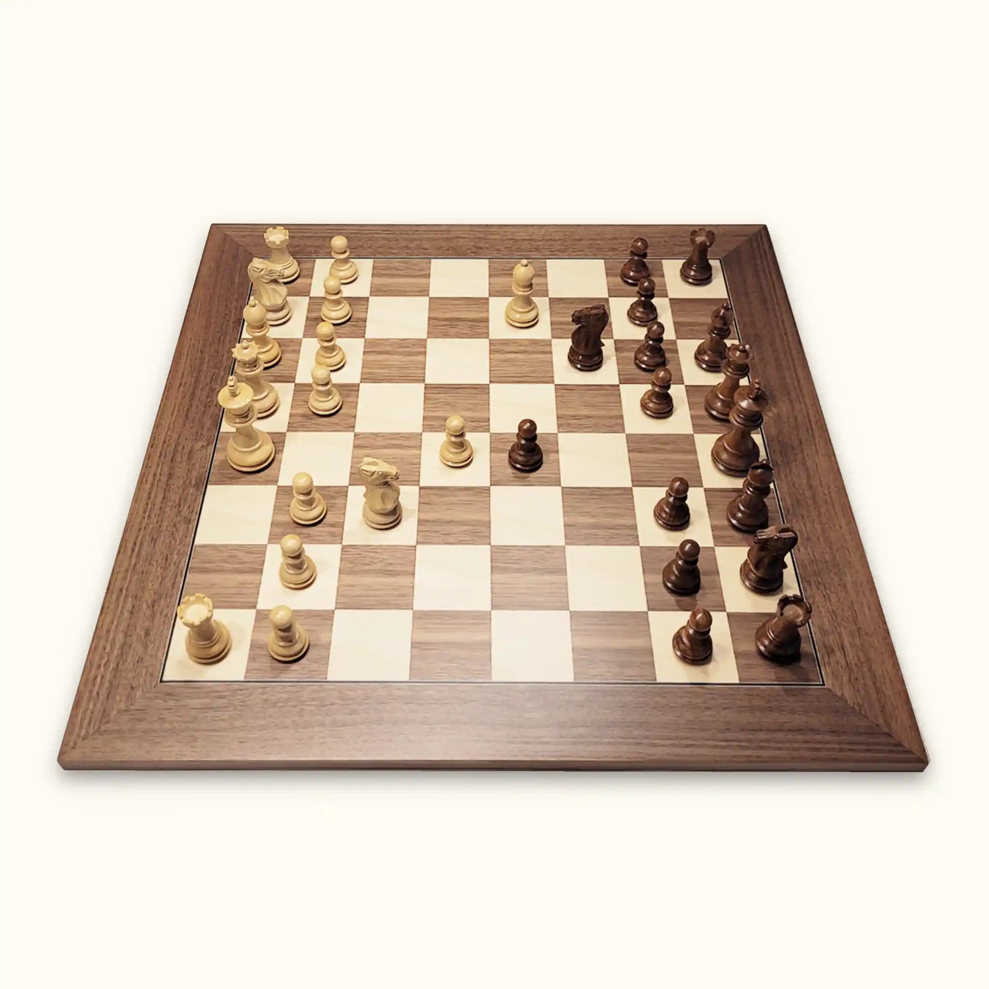 Chess set manchester at dawn with chess pieces grace and chessboard walnut deluxe side view
