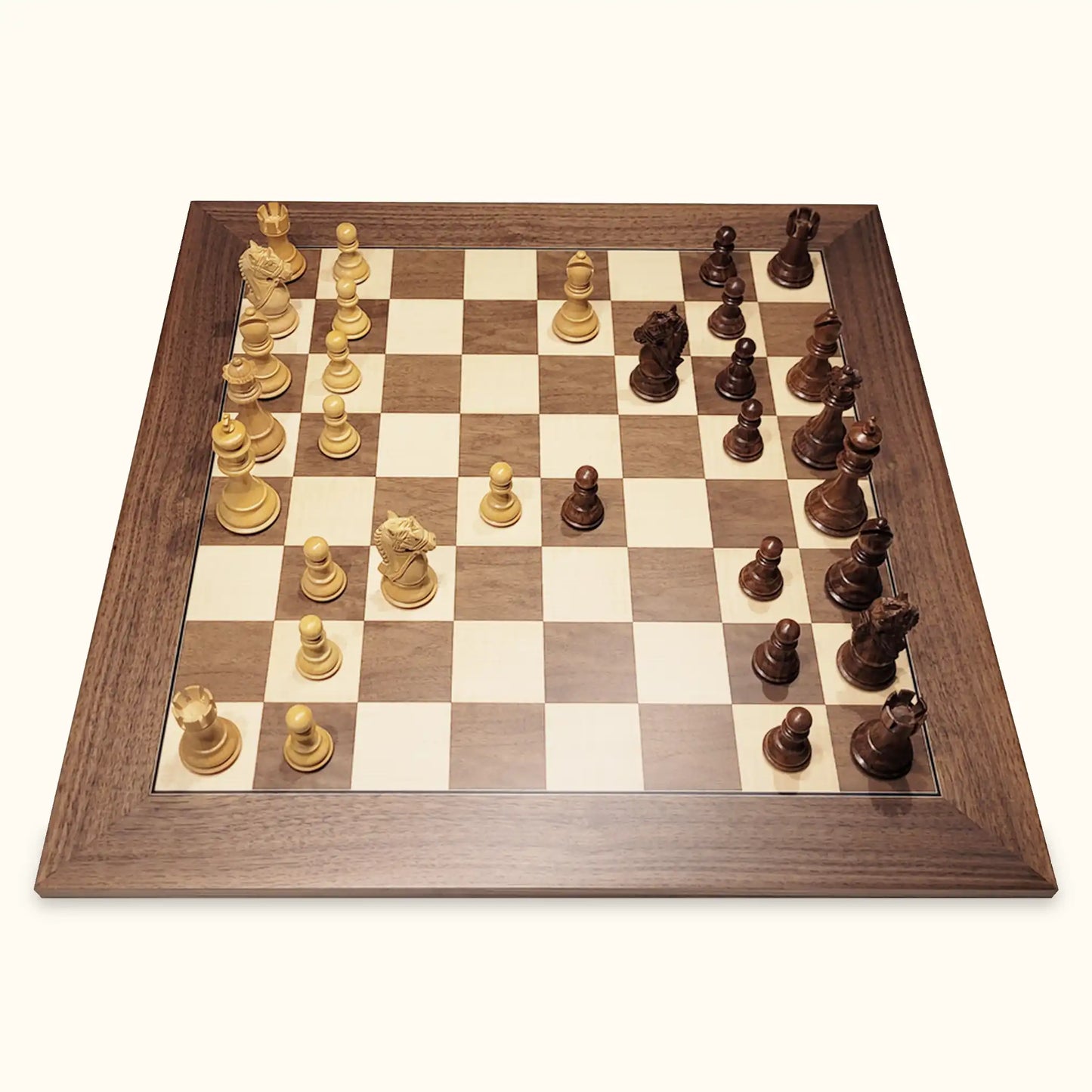 Chess pieces kings bridal acacia on walnut chessboard side