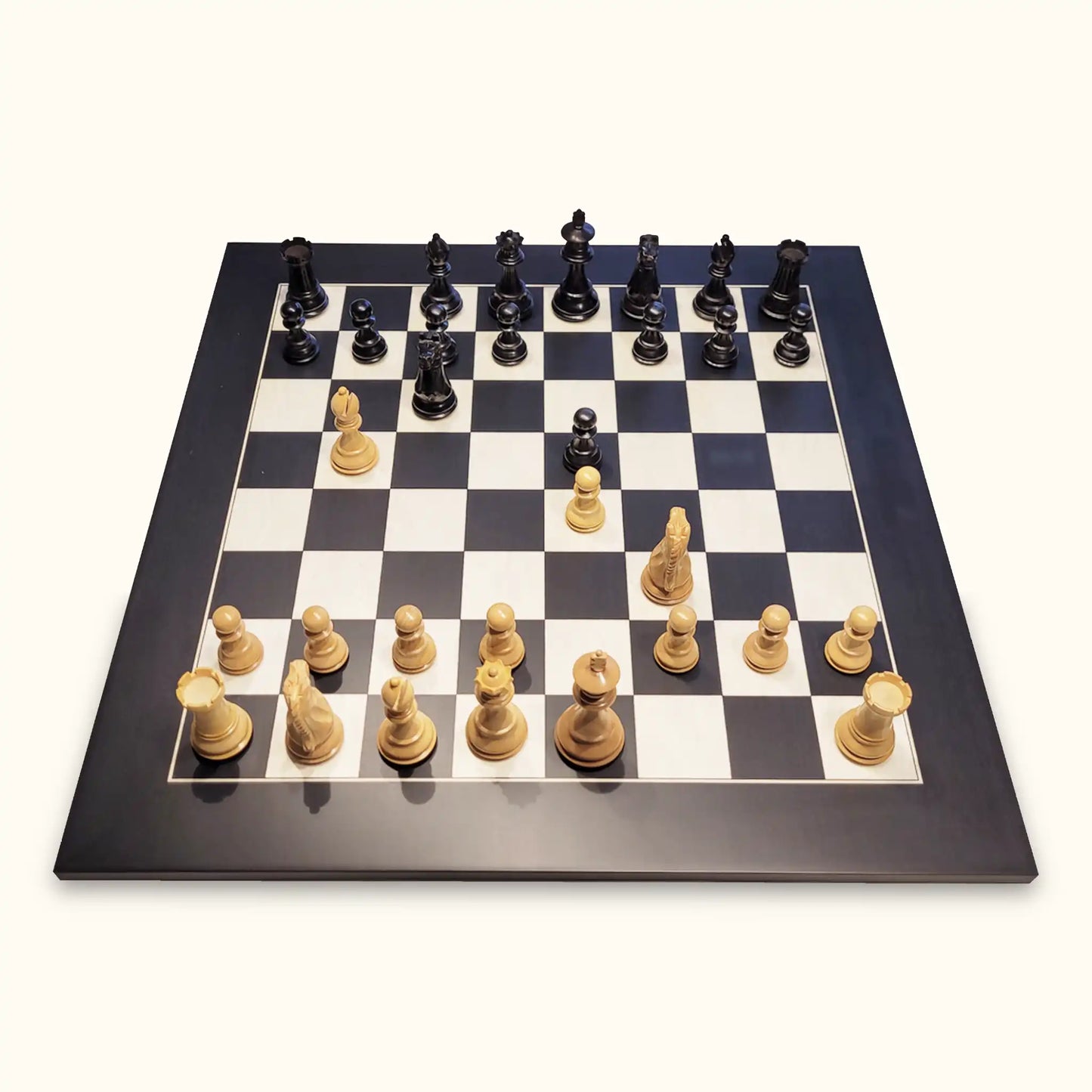 Chess pieces oxford ebonised on walnut chessboard top