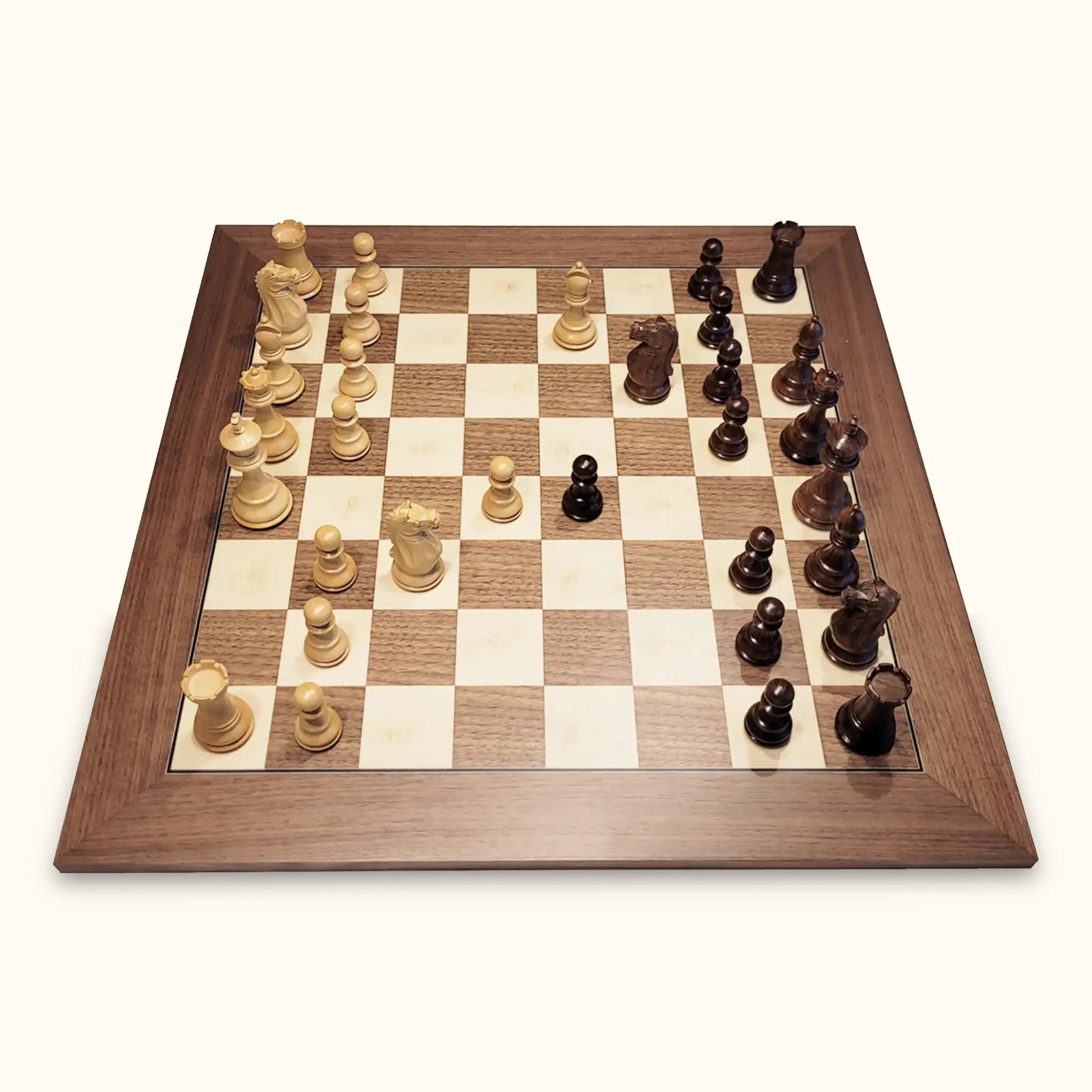Chess pieces oxford acacia on walnut chessboard side