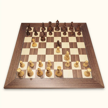Chess pieces supreme acacia on walnut chessboard top