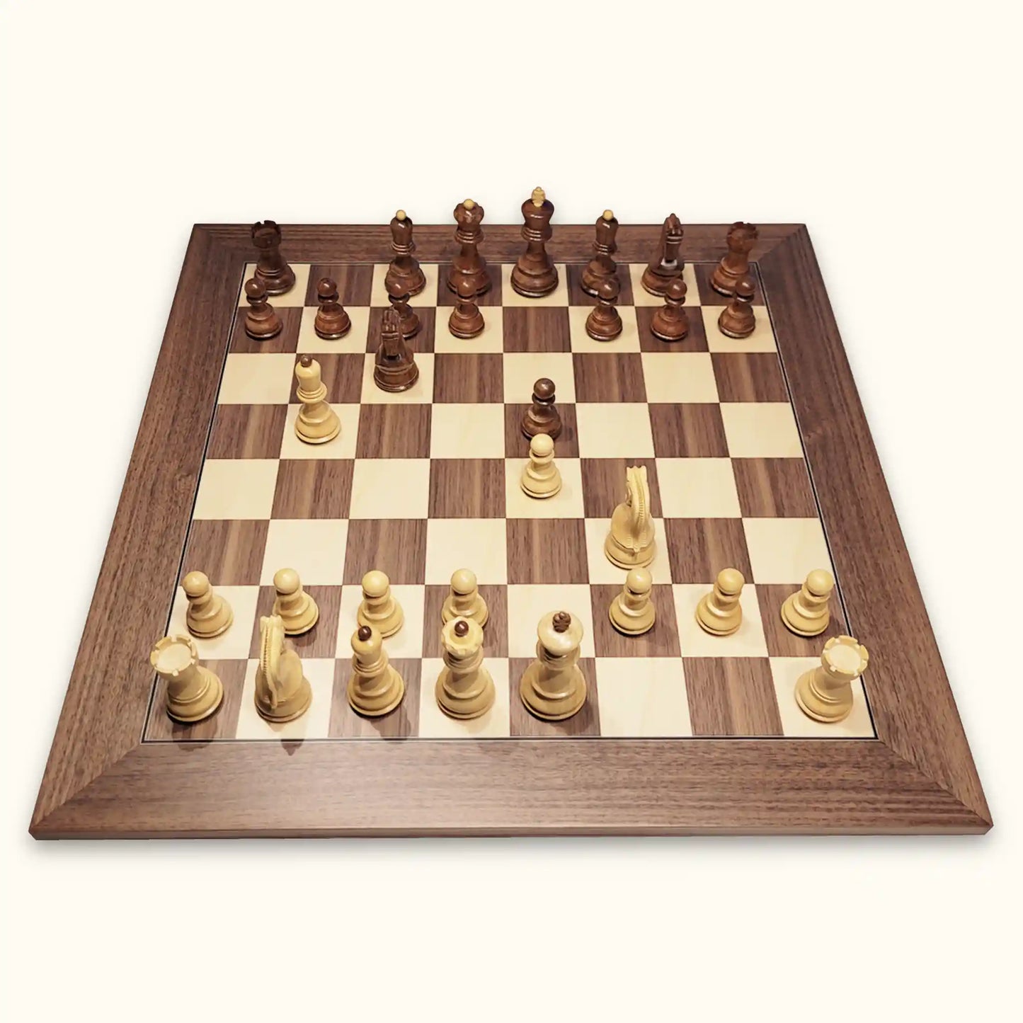 Chess pieces zagreb acacia on walnut chessboard top