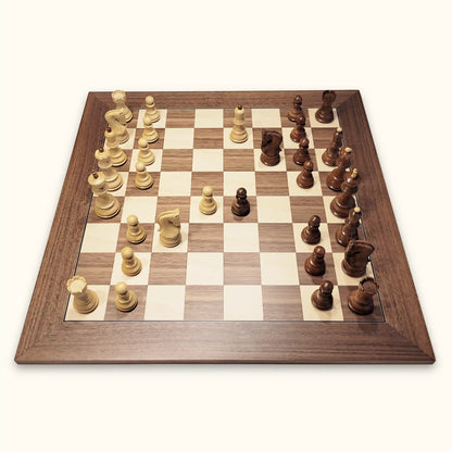 Chess pieces zagreb acacia on walnut chessboard side